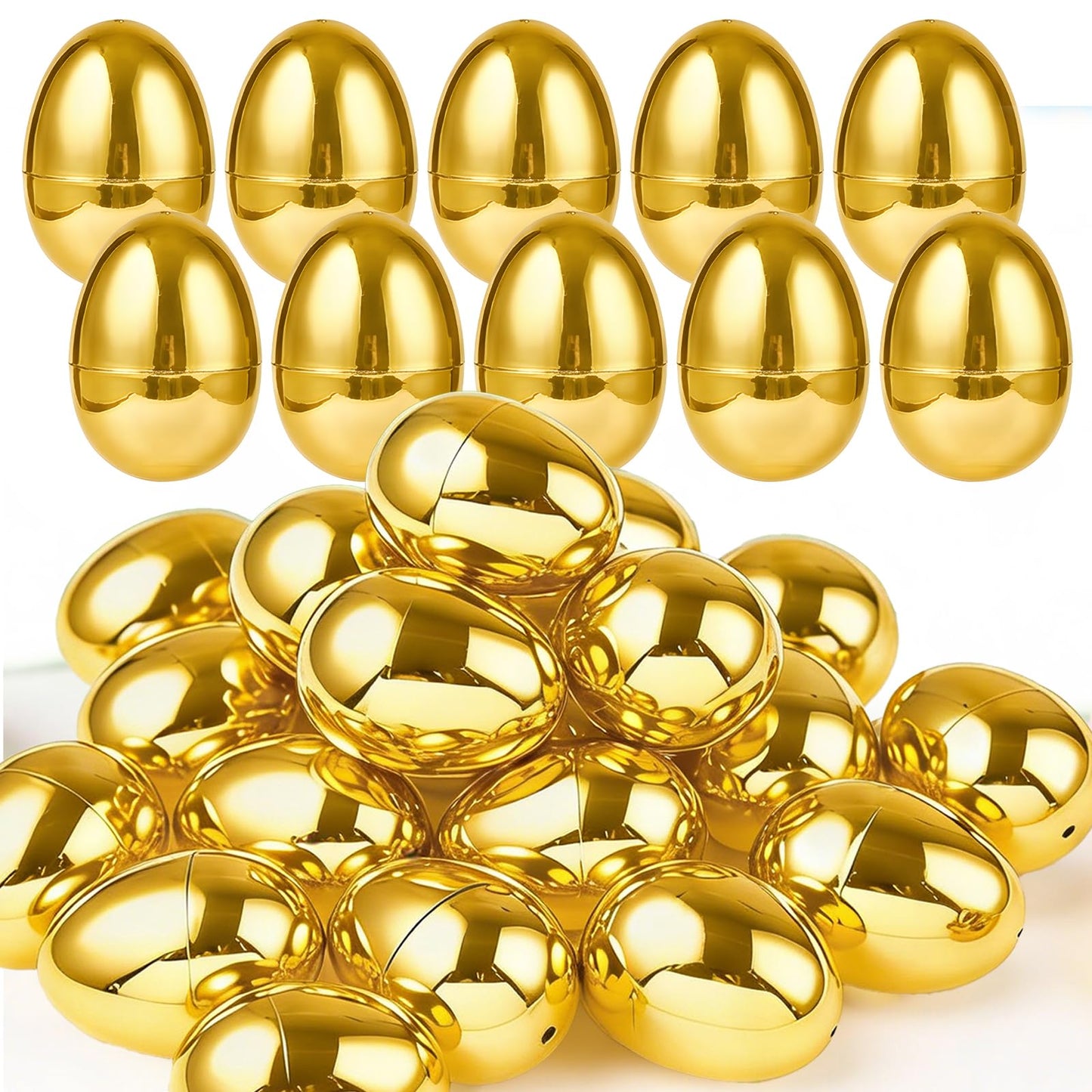 TURNMEON 24 Pack Golden Easter Eggs Empty, 2.36" Shiny Metallic Plastic Easter Eggs Fillable Surprise Gold Eggs for Easter Egg Hunt Fillling Candy Treats Toys Basket Stuffers Classroom Prize Supplies