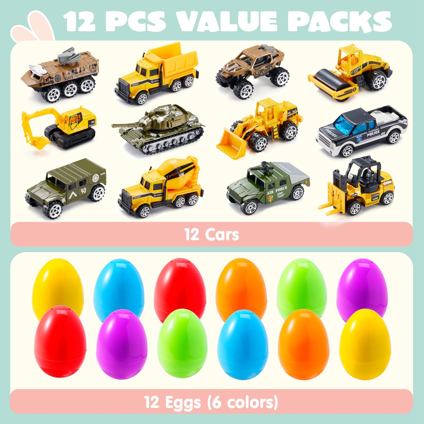 JOYIN 12 Pcs Prefilled Easter Eggs with Die-cast Vehicles, Basket Stuffers for Kids, City Cars and Trucks Toy for Easter Egg Hunt, Party Favors for Boys, Goodie Bag Fillers, Class Prize Supplies Gifts