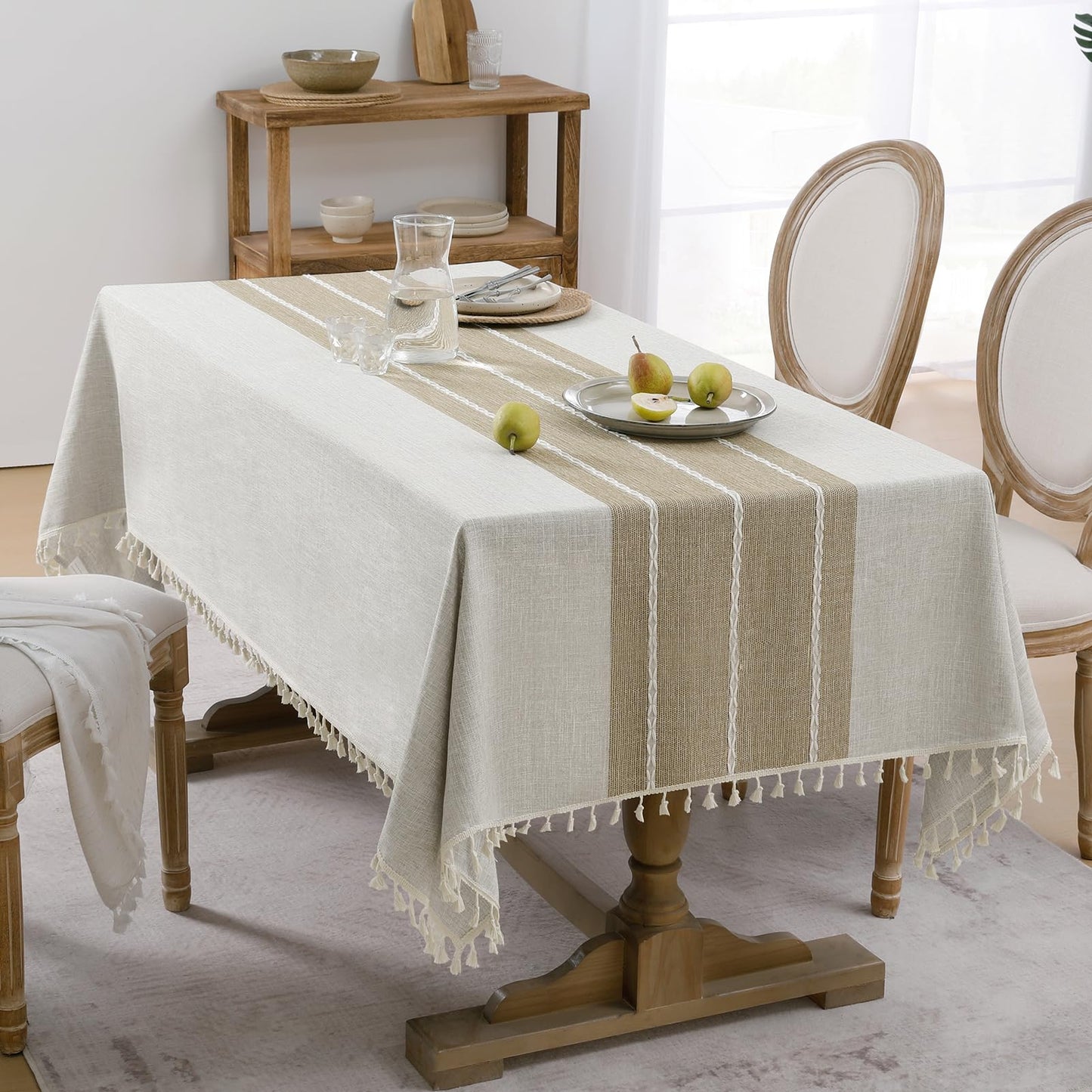 Softalker Outdoor Tablecloth Rectangle, Waterproof Linen Cotton Farmhouse Table Cloths with Tassel, Heavy Weight Wrinkle Free Boho Table Cover for Picnic Camping Dining - 55 x 70 Inch, Coffee Lines