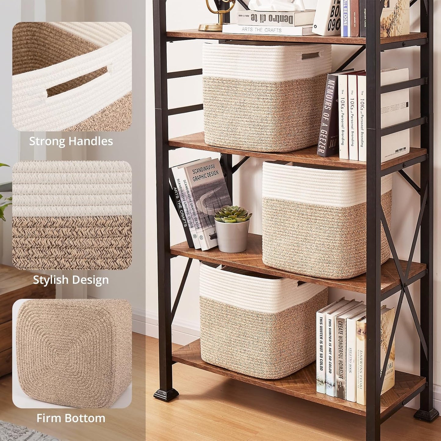 OIAHOMY 13-Inch Cube Storage Bins - 3-Pack Cotton Rope Baskets for Organizing | Brown & White