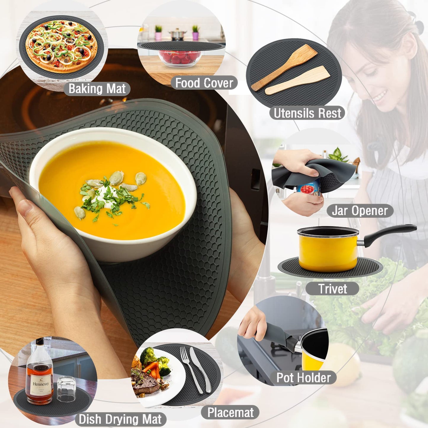 2 in 1,WENWELL Microwave Splatter Cover for Food & Mat, Vented Collapsible Kitchen dish bowl Plate lid Can be Hung, Easy to Shake Hands,Drainer Basket,BPA-Free Silicone & Plastic
