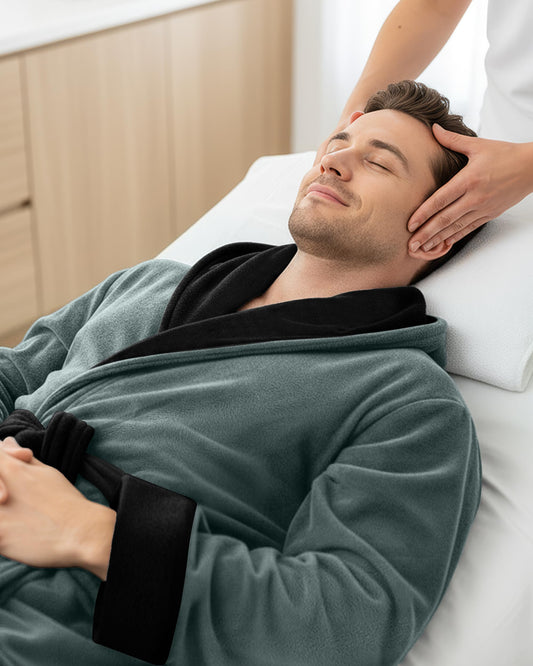 NY Threads Mens Robe with Hood, Luxury Plush Fleece Hooded Mens Bathrobe, Spa Bath Robe for Men, Small/Medium, Steel Grey and Black