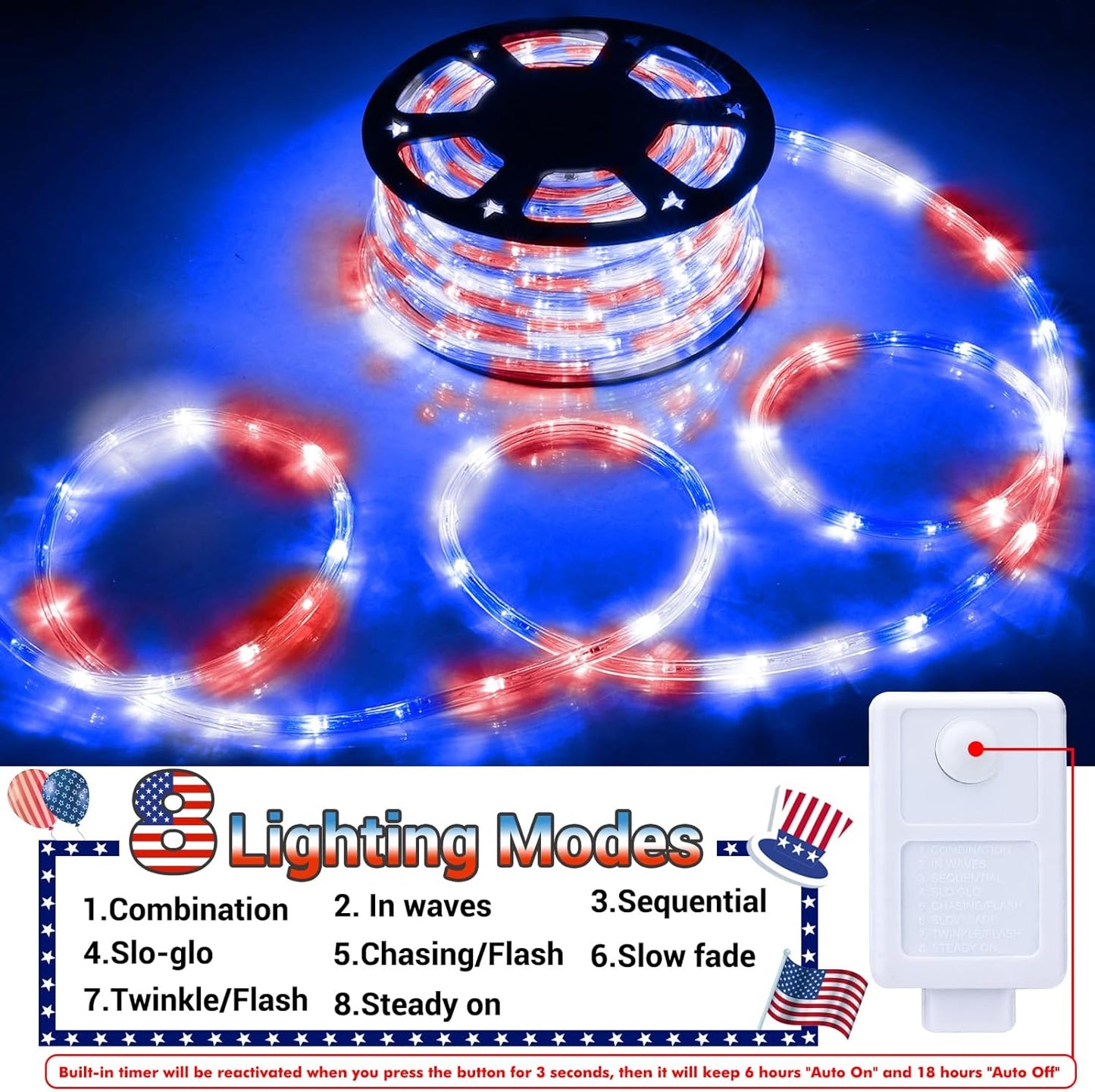 Skiennix 100ft LED Rope Lights - Waterproof, Connectable & Flexible Tube Lights | 8 Modes, Red, White & Blue