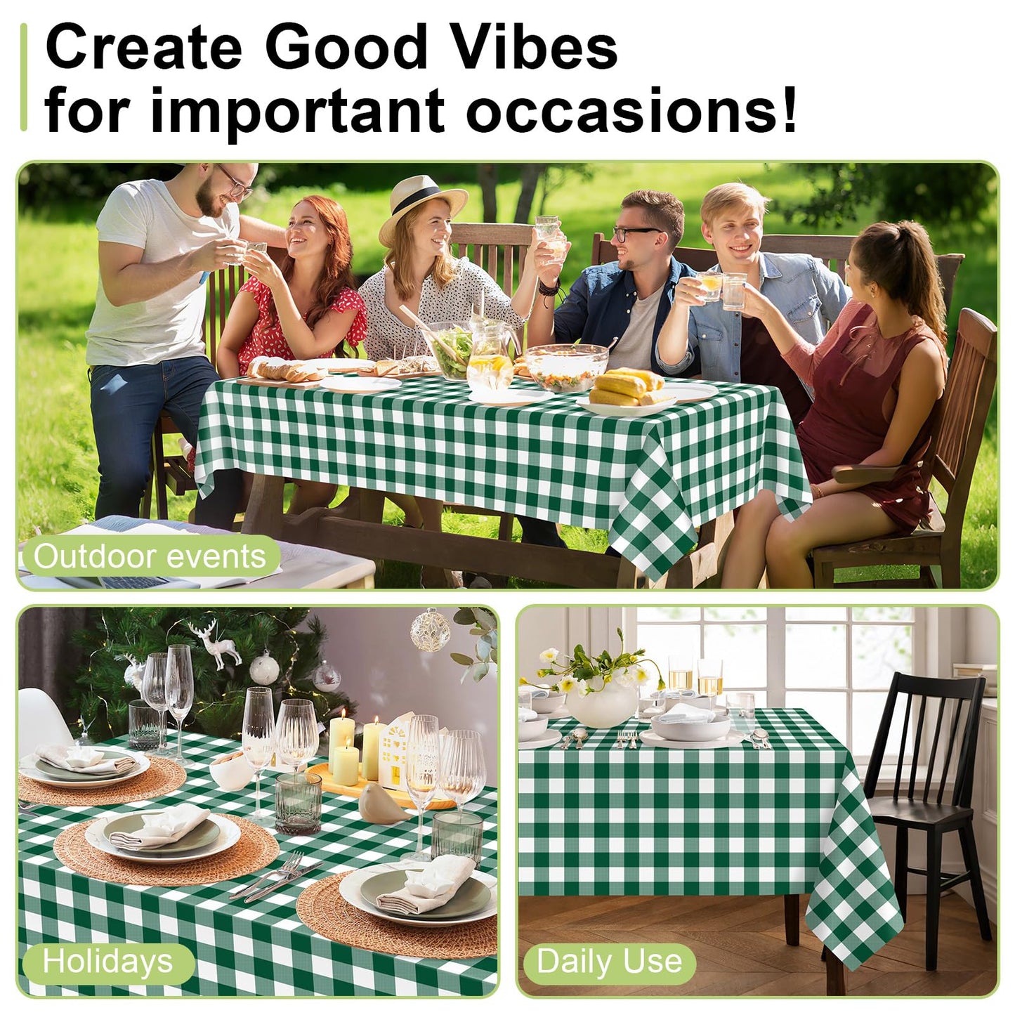 QIKSION Green Gingham Tablecloth Disposable 12 Pack, 54 x 108 Inch Green and White Checkered Table Cloth for Camping, Birthday, Masters Golf Party Supplies, Rectangle, Plastic Table Cover