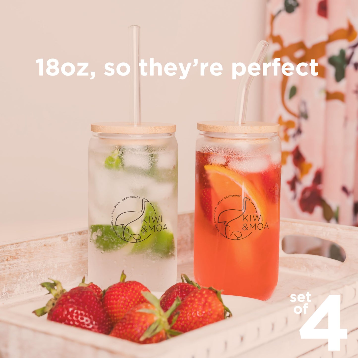 KIWI & MOA Drinking Glasses 18oz Capacity, with Bamboo Lids and Glass Straws, Set of 4, for Mixed Drinks, Cocktails, Beer, Iced Coffee/Tea, Fresh Juice, Smoothies, Parties/Gifts (Branded)