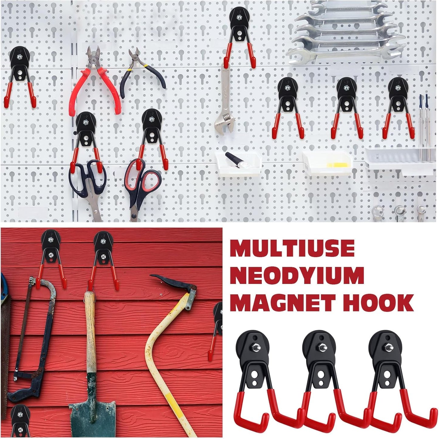 Landhoow Heavy-Duty Magnetic Hooks - 6 Pcs Large Utility Hangers with Anti-Slip Rubber Coating | Red