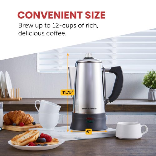 Elite Gourmet EC924 Electric Coffee Percolator, BPA Free, Keep Warm, Clear Brew Progress Knob, Cool-Touch Handle, Cordless Serve, 12-Cup, Stainless Steel