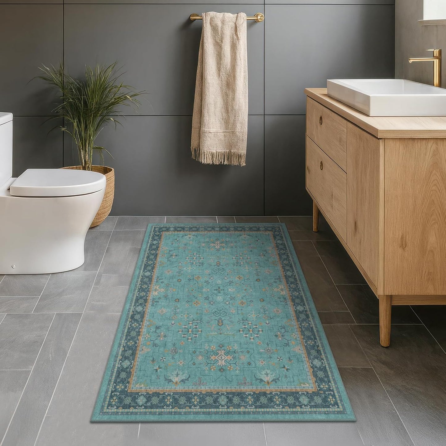Skiennix Washable Teal Rug - 3x5 Indoor Throw Rug for Kitchen, Bedroom, Bathroom | Non-Slip, Fade-Resistant Boho Décor