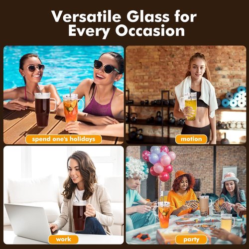 33oz Glass Tumbler with Lid and Straw, 4 Pack Glass Cup with Handle, Iced Coffee Cups, Thick Drinking Glasses Set, Clear Travel Mug for Hot and Cold Beverage, Drinks, Tea, Smoothie