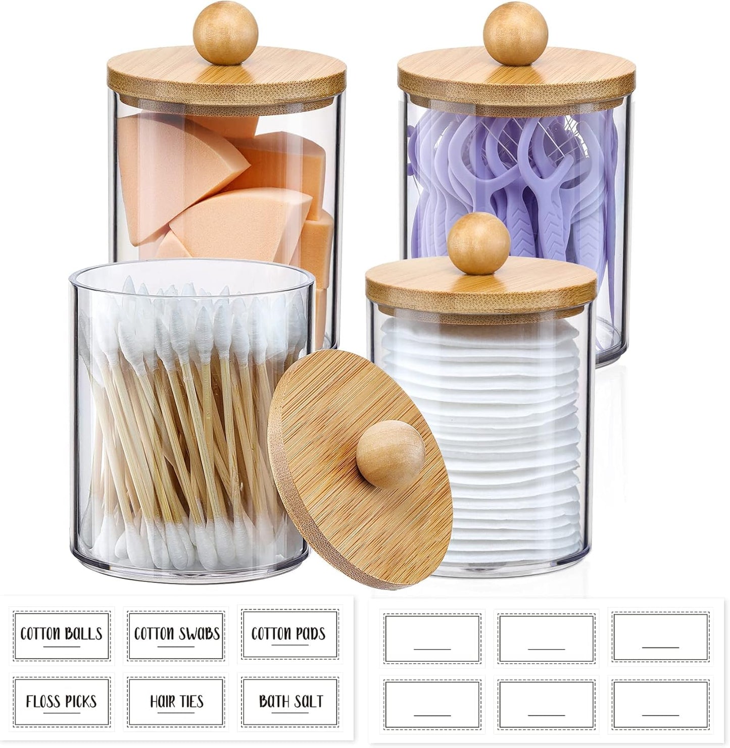 Qtip Holder Dispenser by [Brand Name] - 10 oz Clear Plastic Apothecary Jar with Bamboo Lids | Vanity Makeup Organizer Set