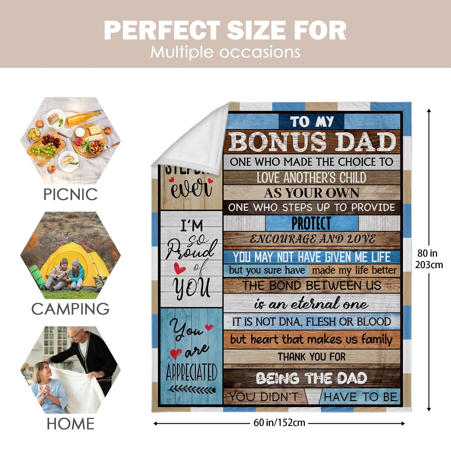 Kieetlan Gifts for Bonus Dad, Cool Bonus Dad Birthday Gifts Idea, Best Gifts for Stepped Dad from Daughter Son, Bonus Dad Father’s Day Blanket 60"X80"