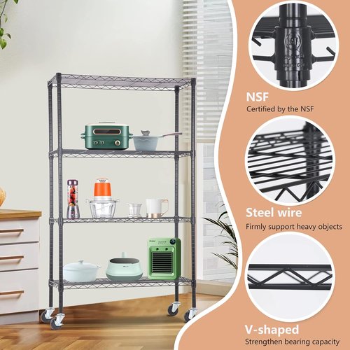BestOffice 4-Tier Wire Storage Shelves with Wheels - Adjustable Heavy-Duty Metal Rack | 36x14x62 | Black | Holds Up to 500 lbs | No-Tool Assembly for Home & Garage