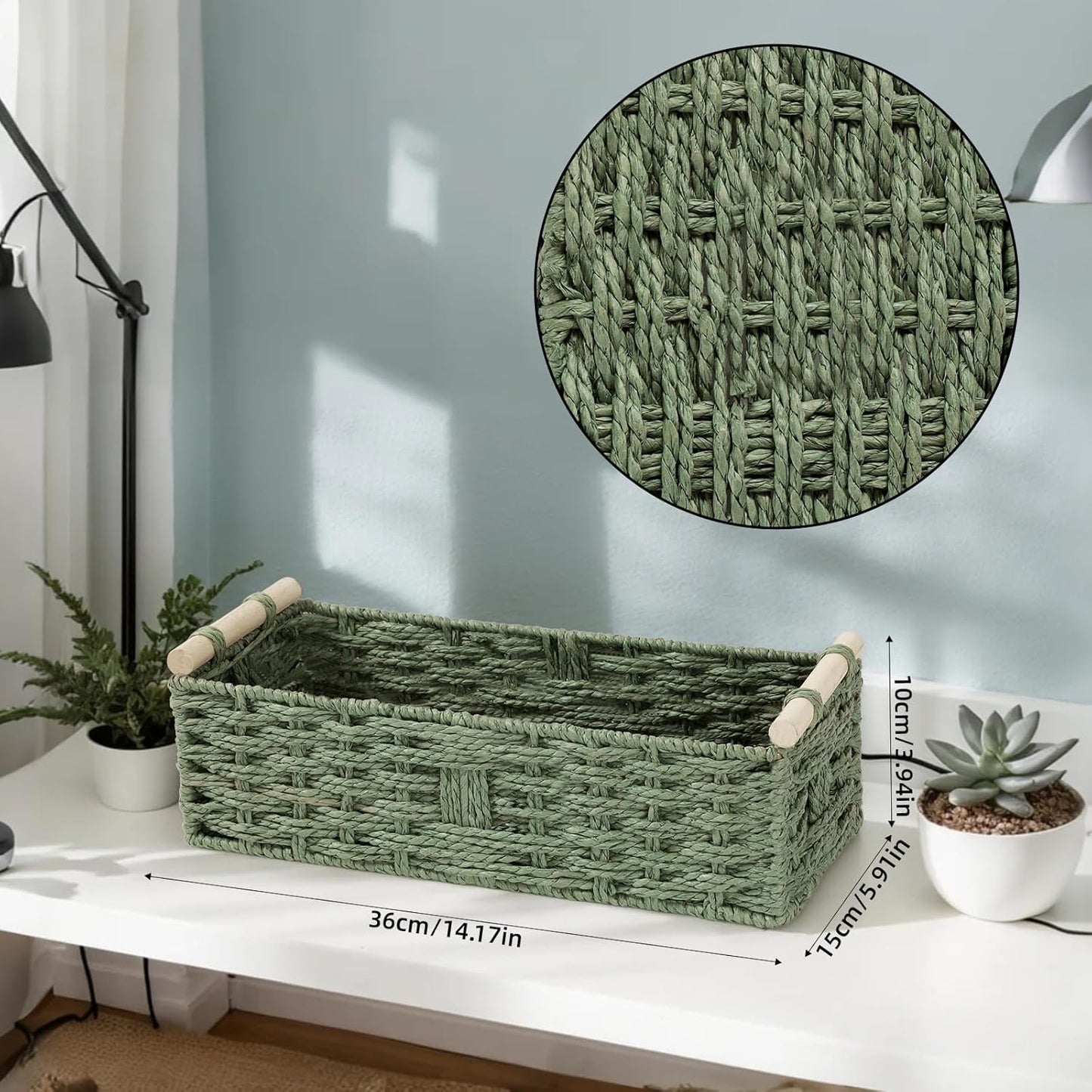Regine Switzerland Toilet Paper Storage Basket - Decorative Wicker Design with Wooden Handles | Green Paper Rope for Bathroom Decor