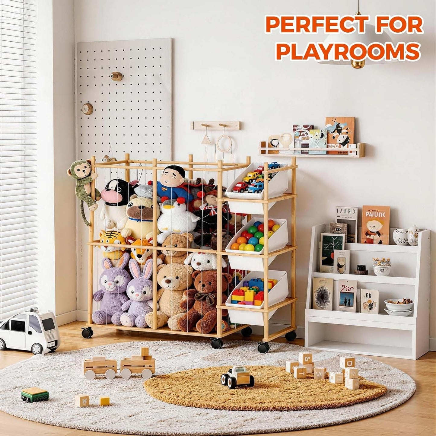 Sevenblue Toy Storage Organizer - 3 Removable Bins for Kids | Stylish Wood & White Design for Playroom