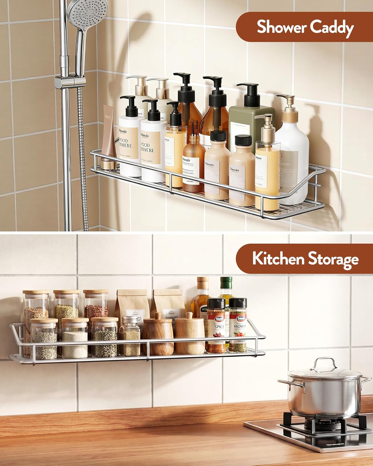 Orimade Bathroom Shelf Organizer - No-Drill Shower Caddy with Traceless Adhesive | 15.75 Inch Silver SUS304 Stainless Steel