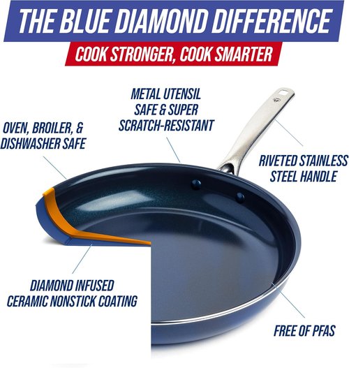 Blue Diamond | 14" Nonstick Ceramic Frying Pan - PFAS-Free Jumbo Cooker with Helper Handle, Dishwasher & Oven Safe