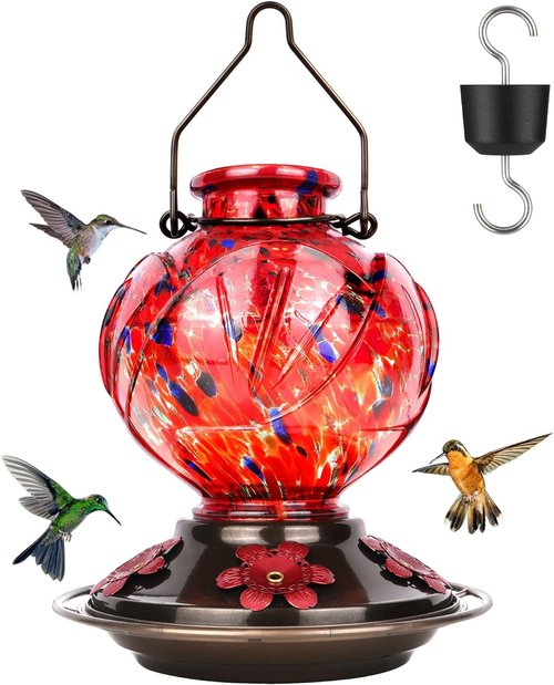 BOLITE Hummingbird Feeder - Hand Blown Glass Design with 5 Bee-Proof Ports | 22oz Capacity, Red Peony