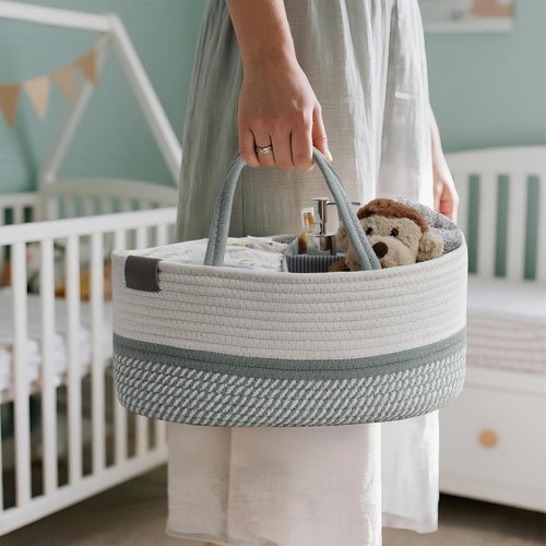 DECOMOMO Baby Caddy Organizer - Large Diaper Caddy Basket in Sage Green & White for Baby Showers