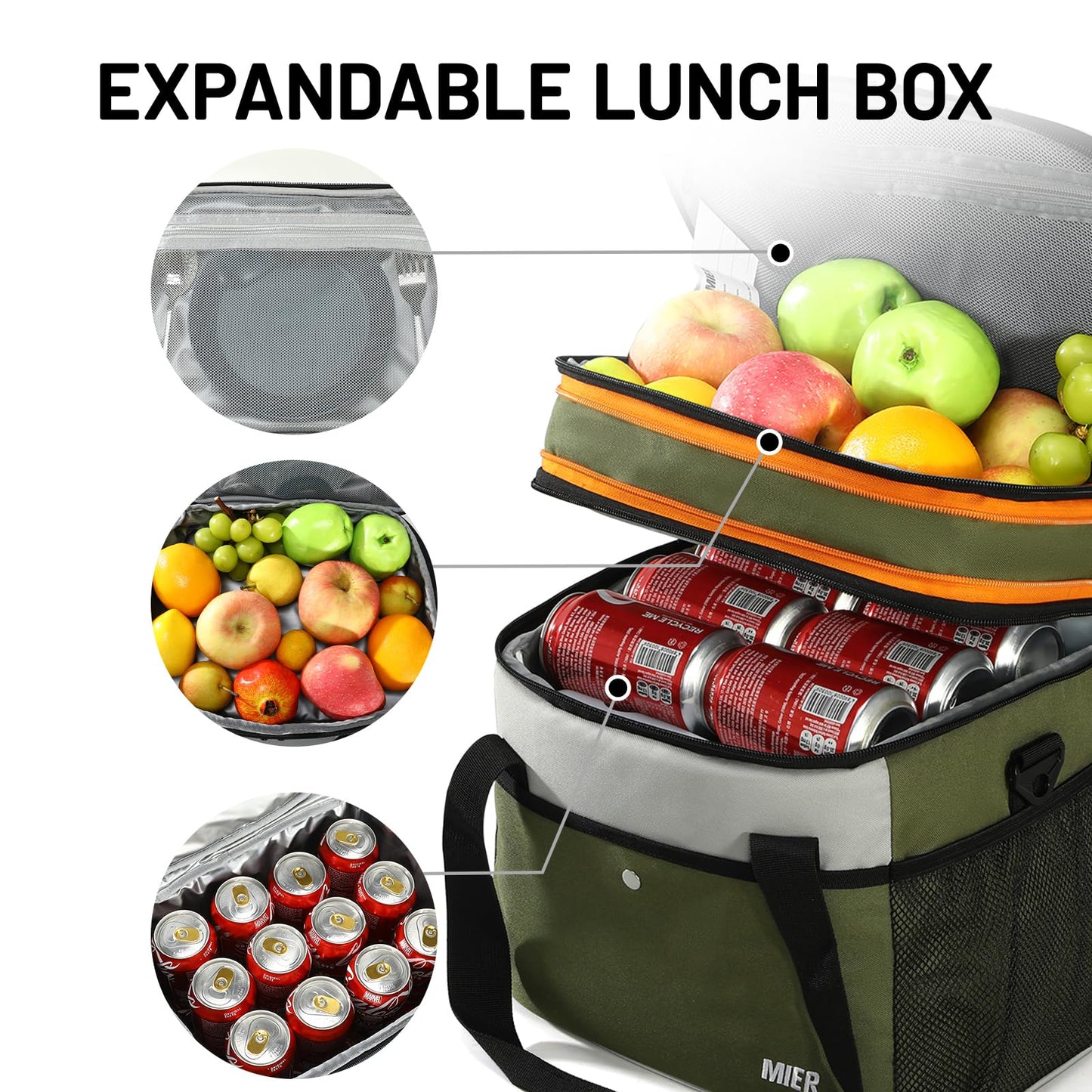 MIER Expandable 24L Lunch Bag Double Layer Insulated Cooler Tote Soft Cooler Bags 30Can Mens Adults Lagre Leakproof Lunch Boxes for Work, Picnic, Camping, Travel, Army Green
