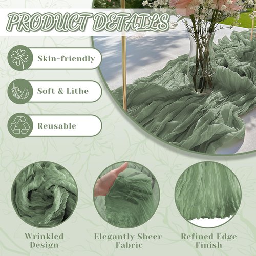 2 Pack Sage Green Cheesecloth Table Runner, 10Ft Boho Gauze Cheese Cloth Table Runners for Wedding, Party, Dinner, Baby Shower, 120 Inches Long Table Runner for St. Patrick's Day, Easter, Christmas