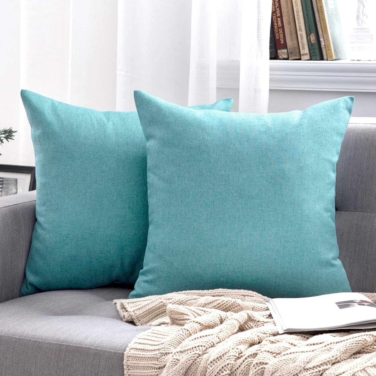 MIULEE Decorative Outdoor Throw Pillow Covers - Waterproof Faux Linen Cushion Cases | 24x24 Inch Turquoise, Set of 2
