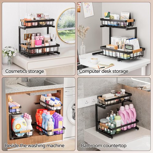 ADBIU Under Sink Organizer - 2 Pack Expandable 2 Tier Storage Shelves for Kitchen & Bathroom (13.2" - 17.2")