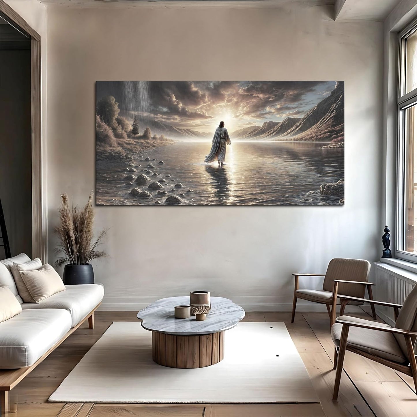 TAILORED CANVASES Jesus Walking on Water Wall Art - Framed Christian Canvas Decor for Home or Church | 60x30