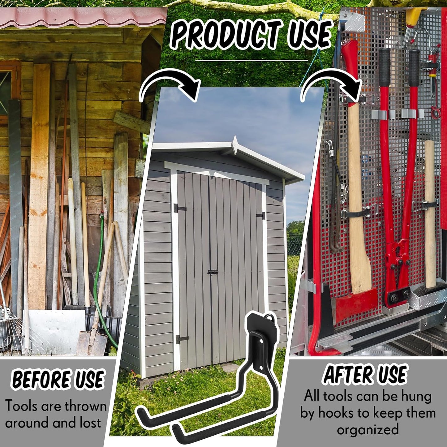 MorningRo Shed Hooks - Multi-Purpose Metal Tool Holders for Large & Small Tools | Black (2 Pack)