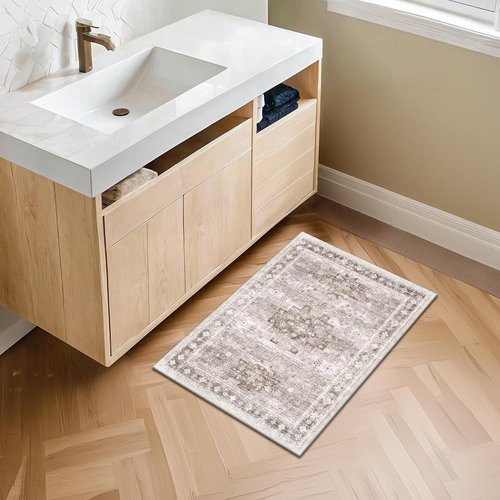 Boho Bathroom Rugs - Soft, Washable Non-Slip Area Rug for Entryway & Kitchen | Modern Farmhouse Design (2x3 Beige/Latte)