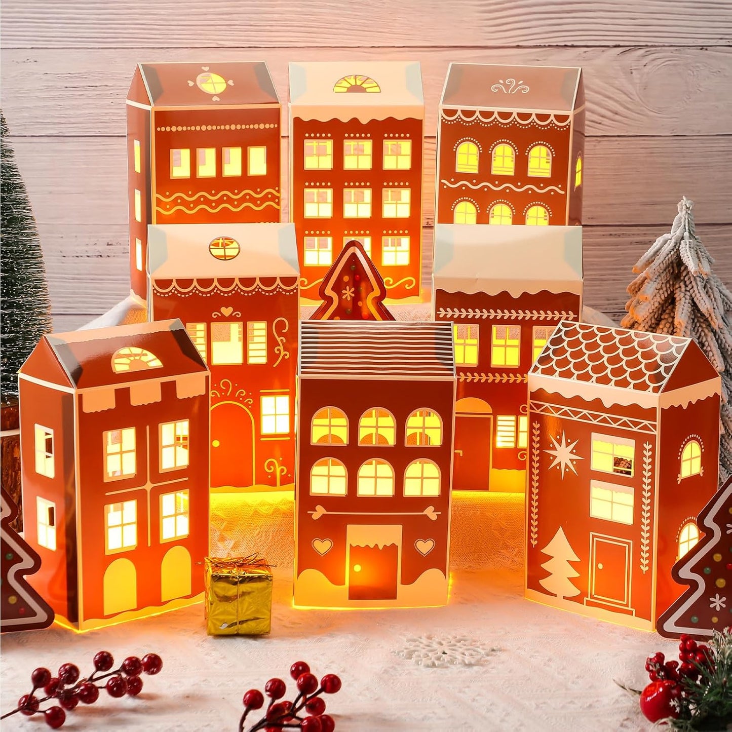 Reallnaive 20 Pcs Large 8" Christmas Cardboard Village Houses Set - DIY Gingerbread Decor with LED Candle