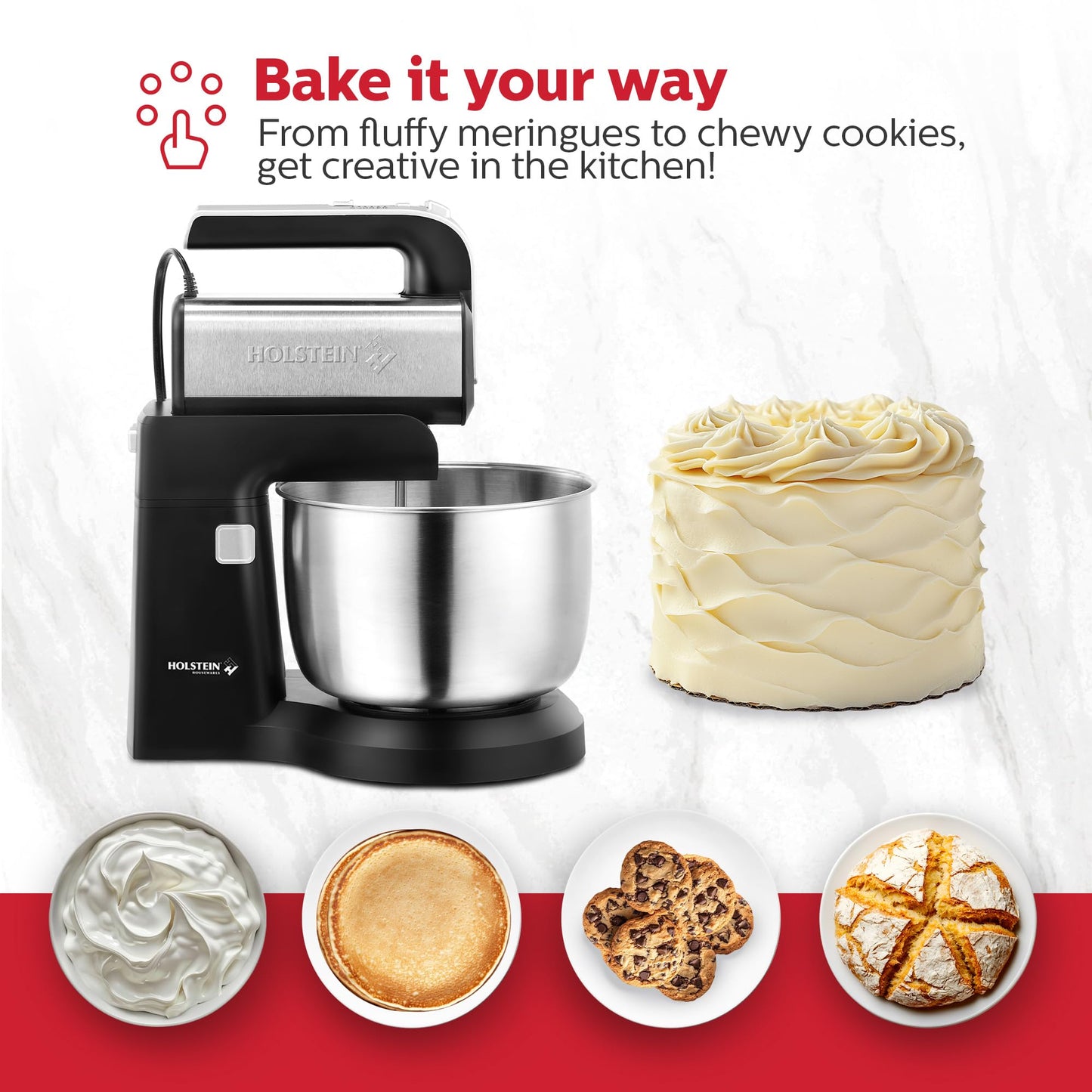 Holstein Housewares 5-Speed Hand and Stand Mixer, 250W Power with LED Light, Black and Stainless Steel – Versatile Mixer for Baking, Whipping, and More
