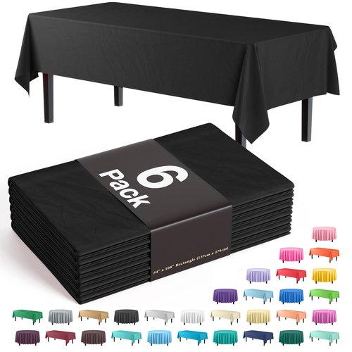 Exquisite Party Solids 6-Pack Premium Plastic Tablecloth 54in. x 108in. Rectangle Plastic Table Cover - Black