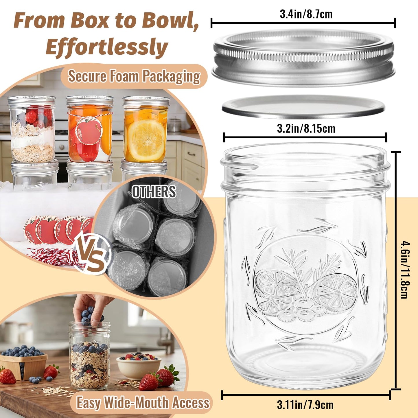 16 oz Wide Mouth Mason Jars with Embossing Pattern, 6 Pack Canning Jars with Volume Marks,Pint Glass Jars with lids for Fermenting,Pickling,Preserving,Meal Prep,Pantry organization,Gift Giving&Crafts