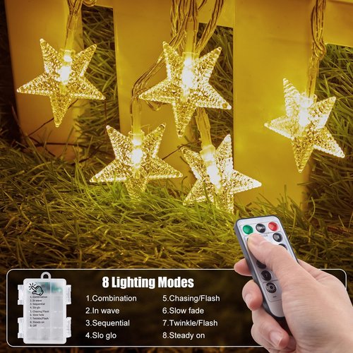 Brightown Star String Lights - 2 Pack Total 33ft 100 LED Star Fairy Lights Battery Operated with Remote for Indoor Outdoor, Twinkle Fairy Christmas Light for Bedroom Wedding Party Decor, Warm White