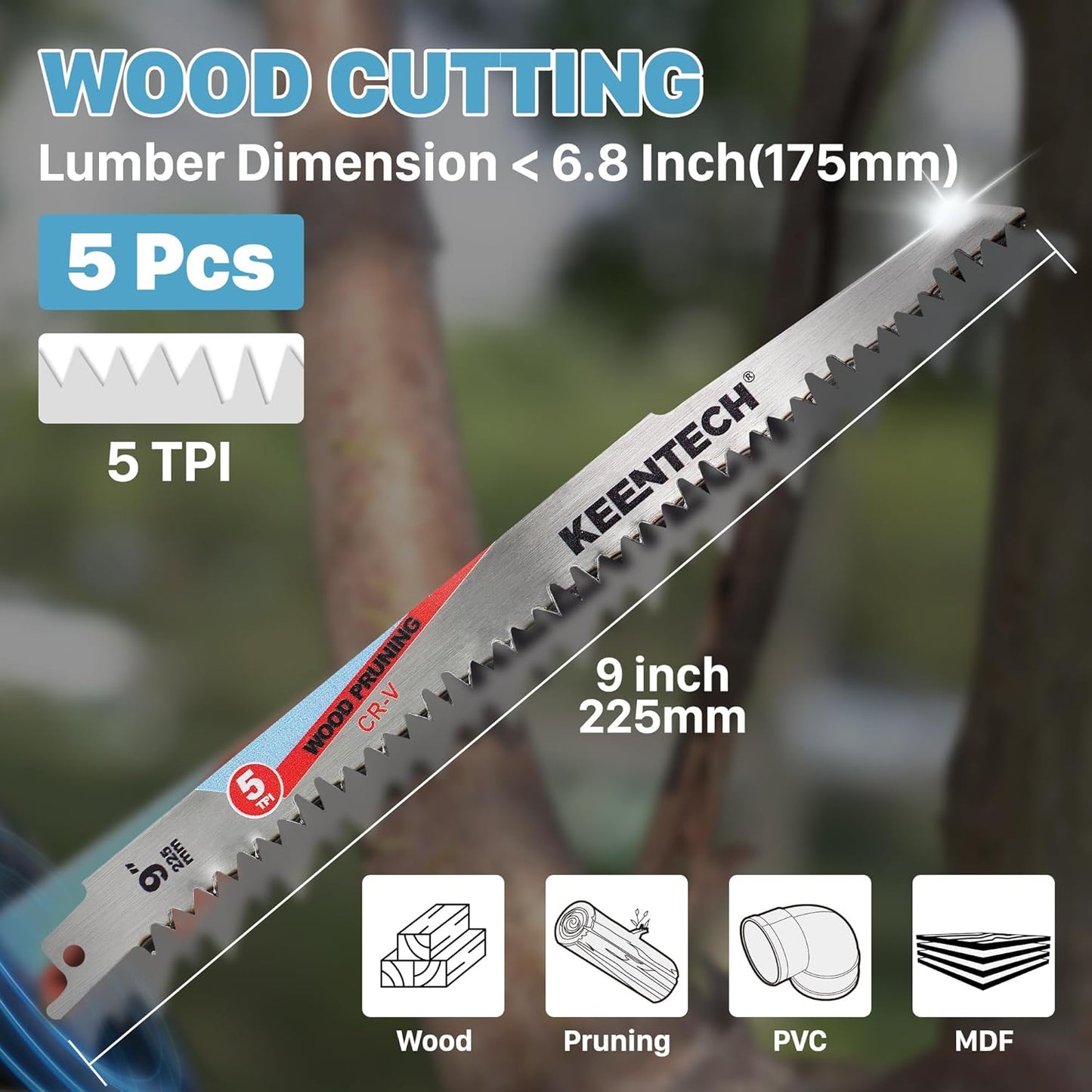 KEENTECH 9-Inch Cr-V Reciprocating Saw Blades - 5-Pack for Wood Cutting & Tree Pruning | 5 TPI Fleam Ground Teeth