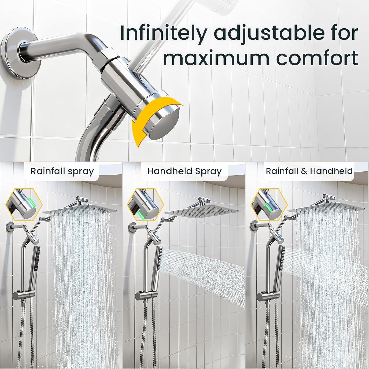Veken 10" Luxurious Rain Shower Head - High Pressure Dual Showerhead with Handheld | Chrome Finish