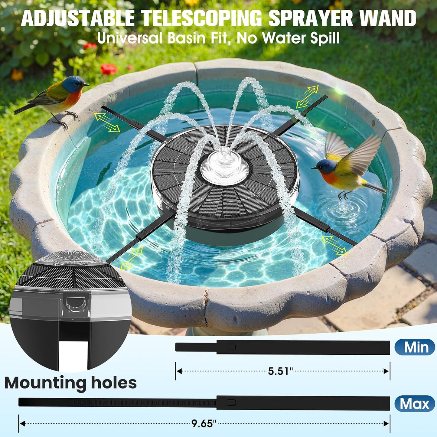 Skiennix 4000mAh Solar Fountain - 3 Spray Solar Powered Bird Bath Pump with Lights for Outdoor Garden