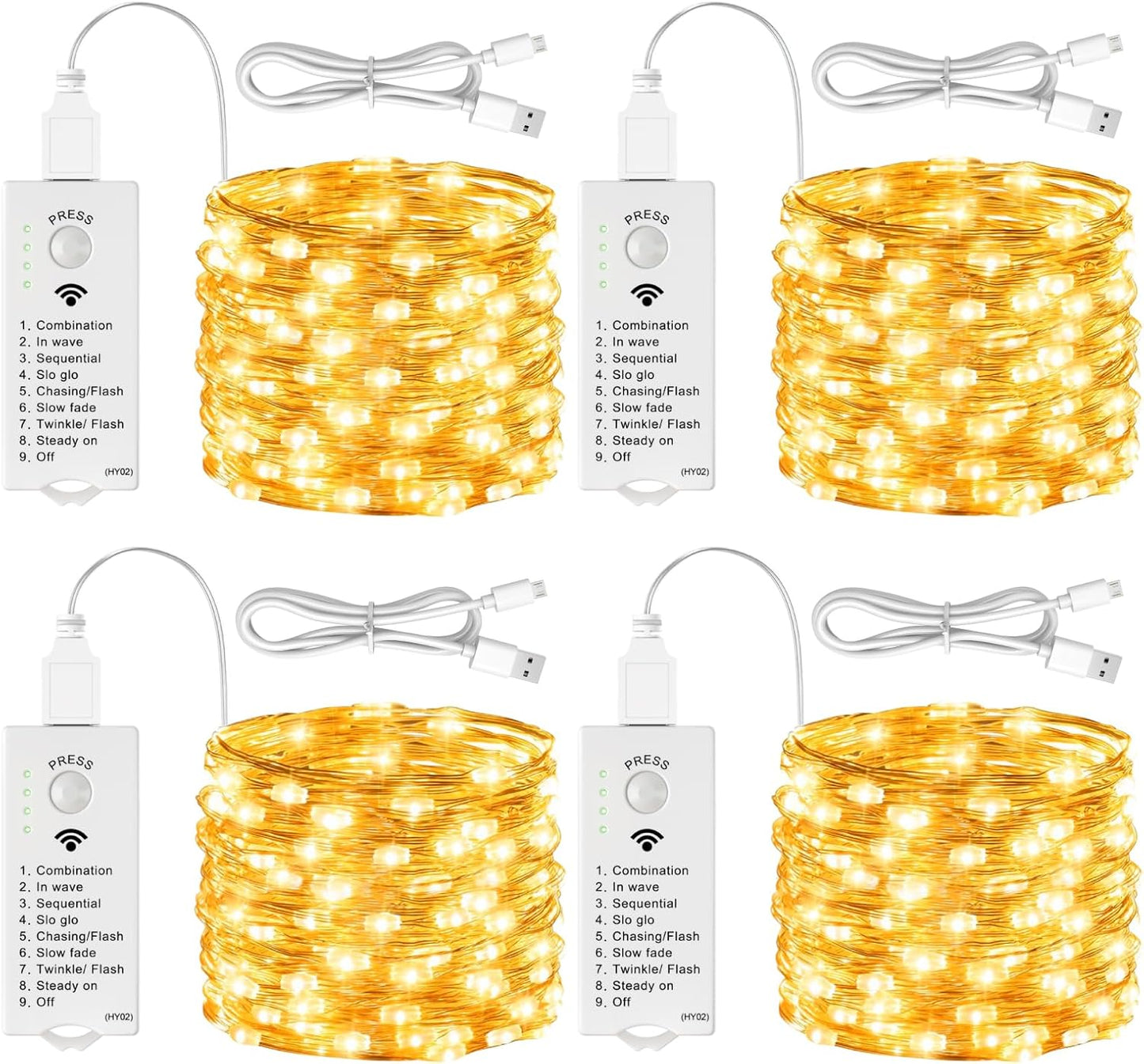 Skiennix 4 Pack Rechargeable Fairy Lights - 16FT 50 LED Indoor String Lights | 8 Modes, Warm White