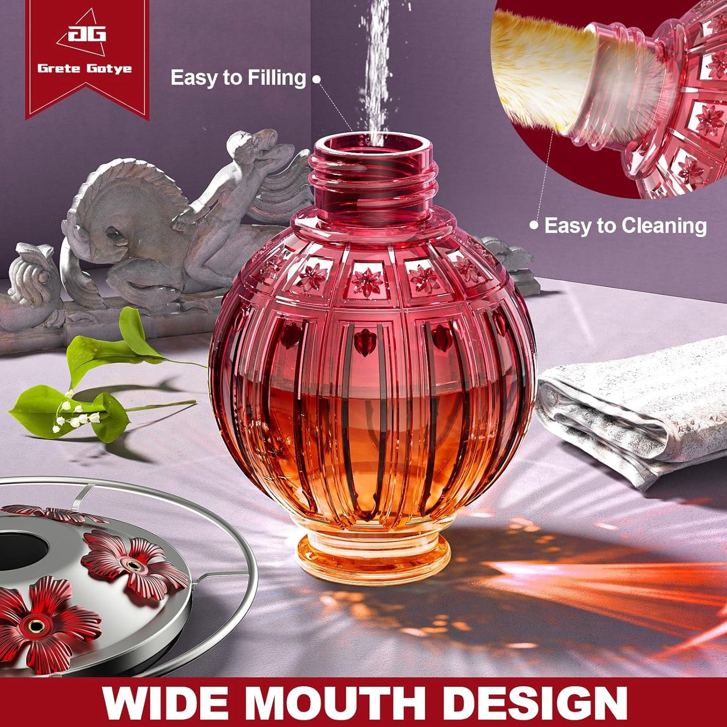 Skiennix Glass Hummingbird Feeder - 26Oz Leak-Proof Outdoor Nectar Feeder with 5 Flower Ports | Clear & Red
