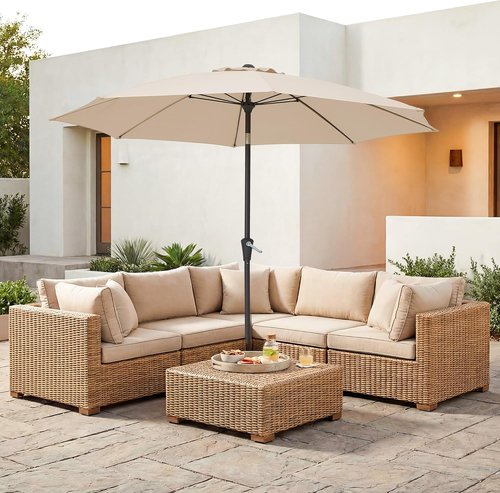 JEAREY 9FT Outdoor Patio Umbrella - Market Table Umbrella with Tilt & Crank | UV Protection, Beige