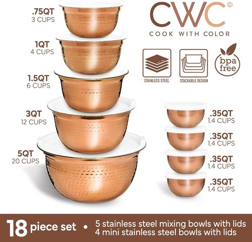 Cook With Color 18-Piece Mixing Bowls Set - Handcrafted Stainless Steel with Airtight Lids, Copper Finish
