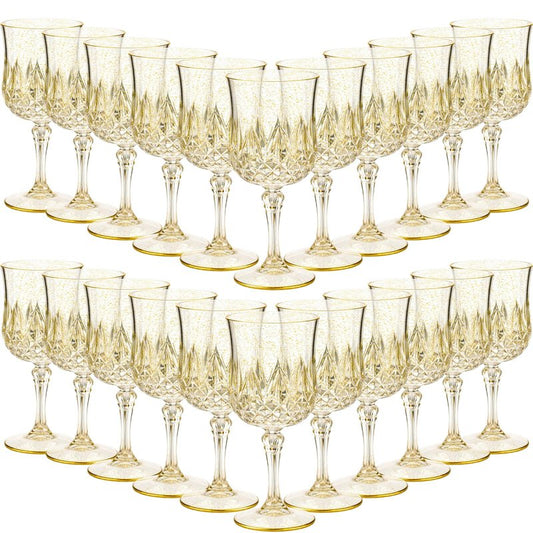 Sliner 48 Pcs Plastic Wine Glasses 7oz Vintage Drinking Goblets Unbreakable Crystal Water Glassware Reusable Diamond Champagne Flutes Cups for Wedding Banquet Birthday Party Supplies(Gold Glitter)