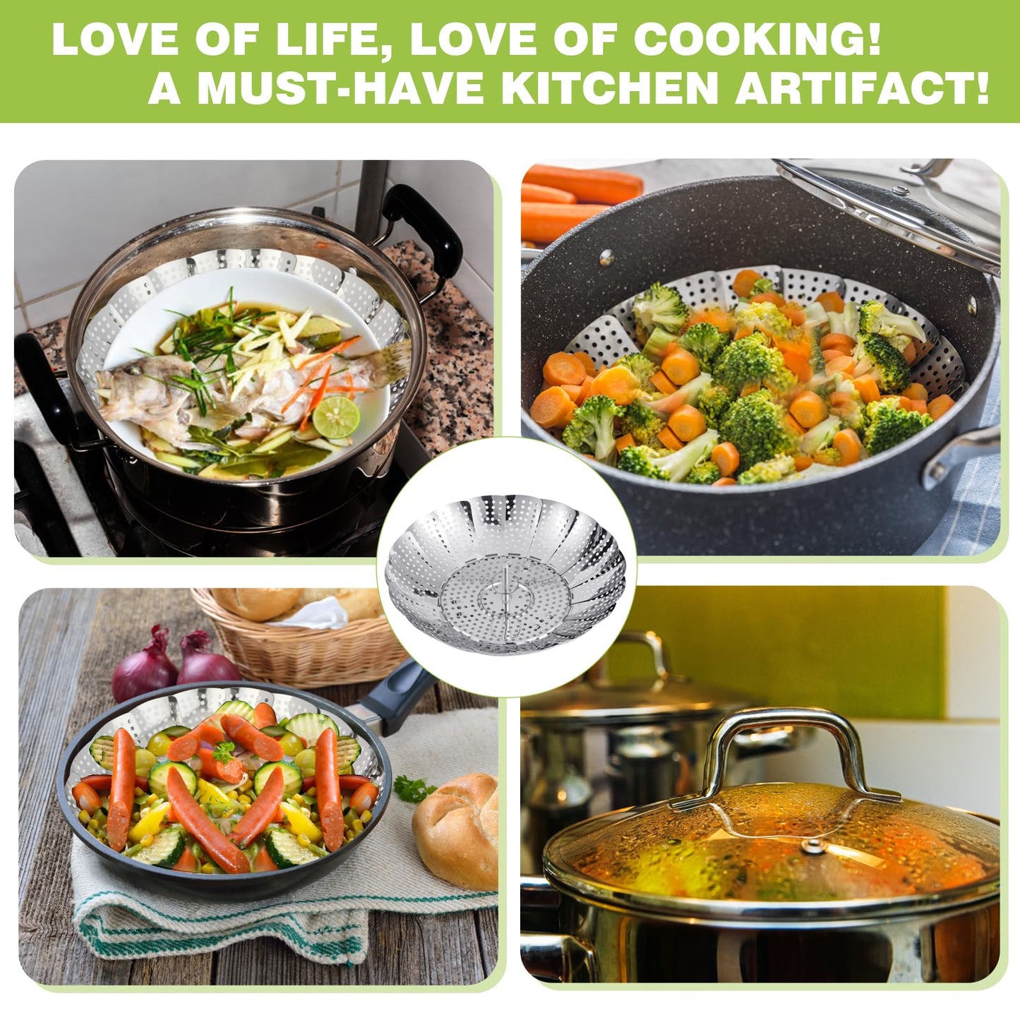 Vegetable Steamer Basket - Stainless Steel Folding Basket for Cooking, Vegetables, Fish, Pasta, Eggs, Fit Various Size Pot (5.5 inches to 9.2 inches)