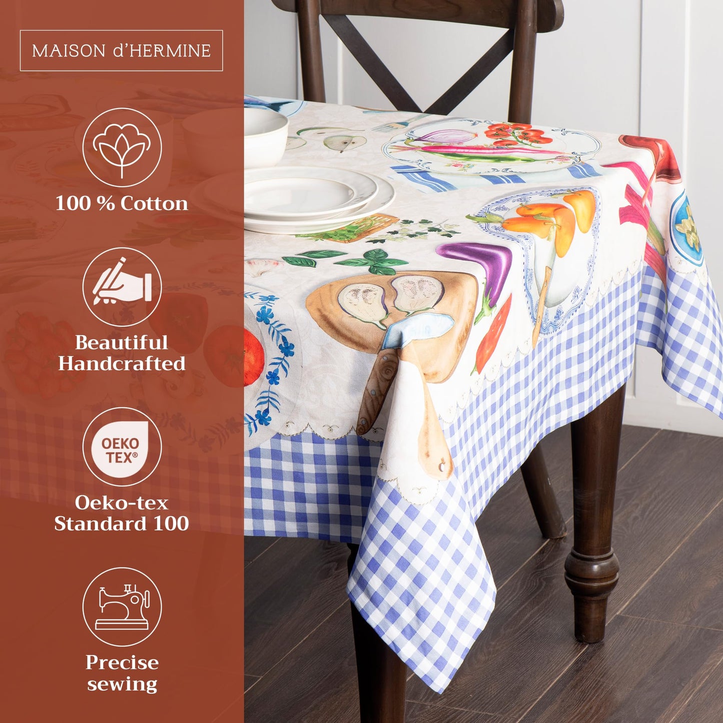 Maison d' Hermine Table Cloth Rectangle Table 100% Cotton 70 x 108 Inches Tablecloth Reusable Decorative for Dining Kitchen Room Farmhouse Home Gifts for Mothers Day Spring Summer - Gourmand