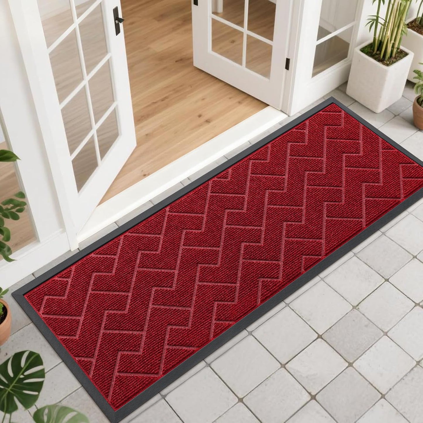 OLANLY Waterproof Front Door Mat - All-Season Herringbone Design | Easy Clean Natural Rubber, Wine Red (47x17)