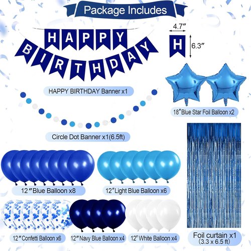 Blue Birthday Party Decorations - Skiennix Happy Birthday Banner, Balloons & Pom Poms | Navy & Light Blue