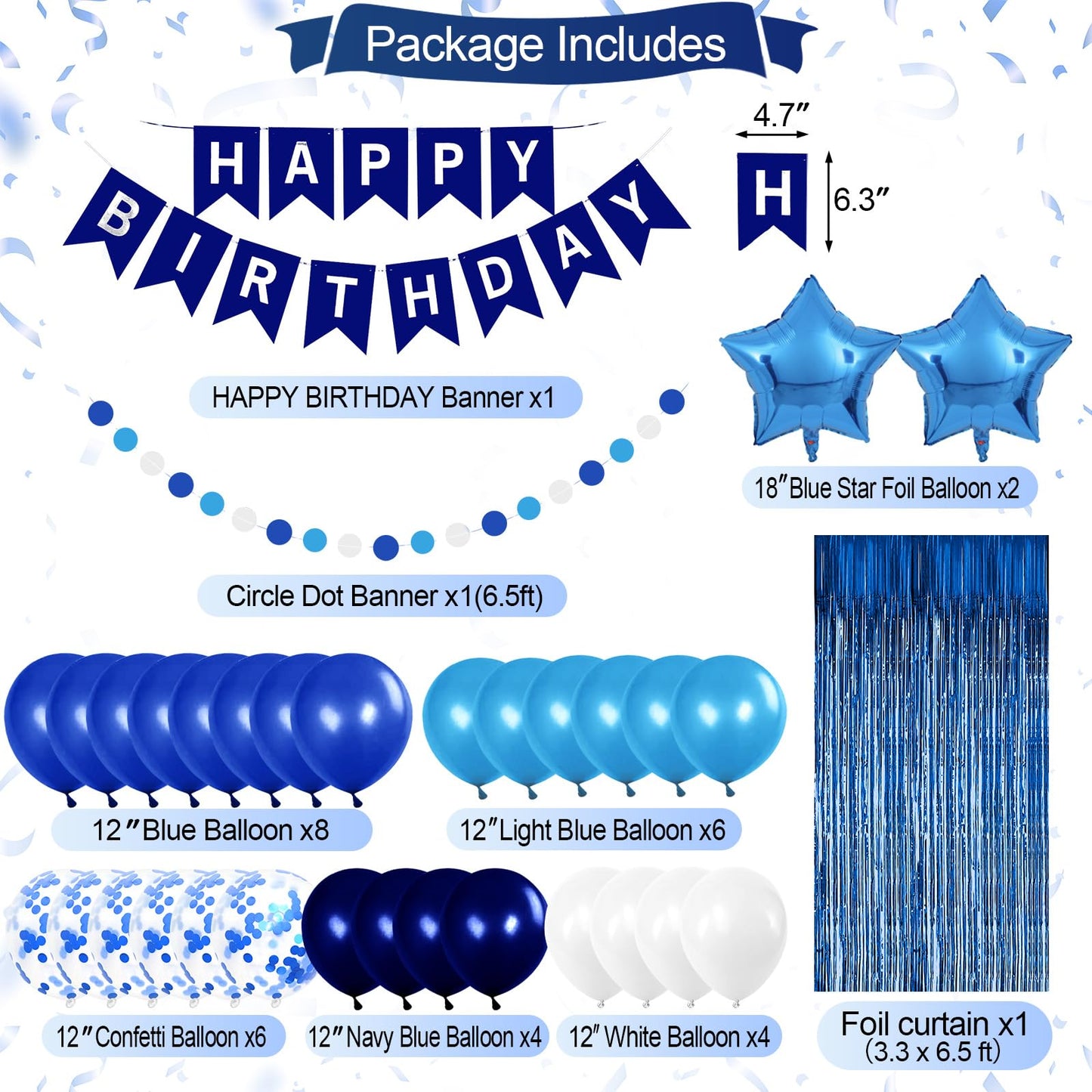 Iysoll Blue Birthday Party Decorations for Boys Men Happy Birthday Banner Balloons Navy Royal Light Blue Pom Poms Foil Curtain Décor Party Decorations for Baby Boy