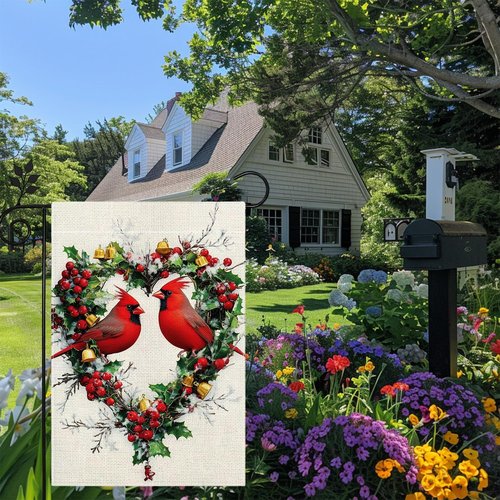 Cardinal Love Hearts Garden Flag - Double-Sided 12x18 Welcome Yard Decor for Farmhouse Patio