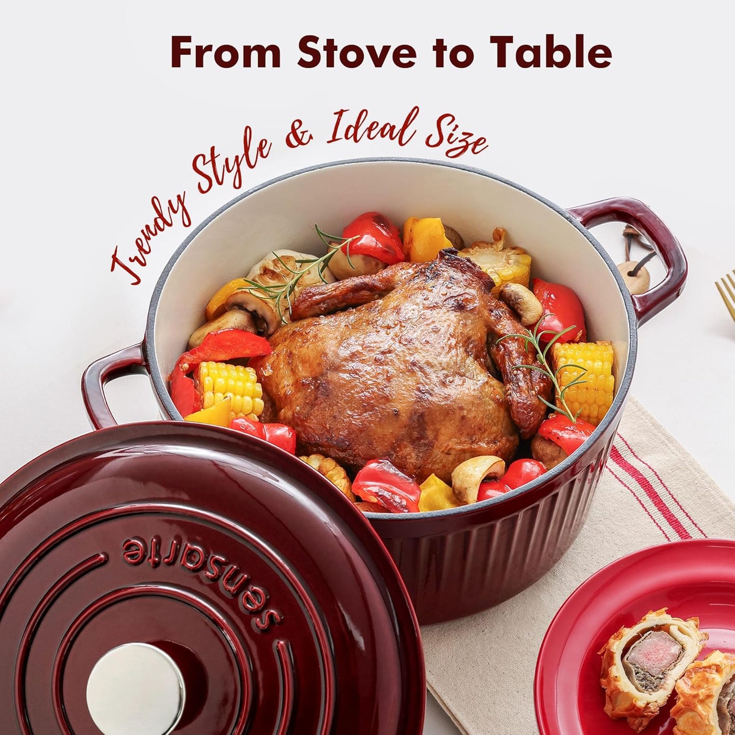 SENSARTE Enameled Cast Iron Dutch Oven - 3.5 Quart Heavy-Duty Pot with Lid & Accessories | Red