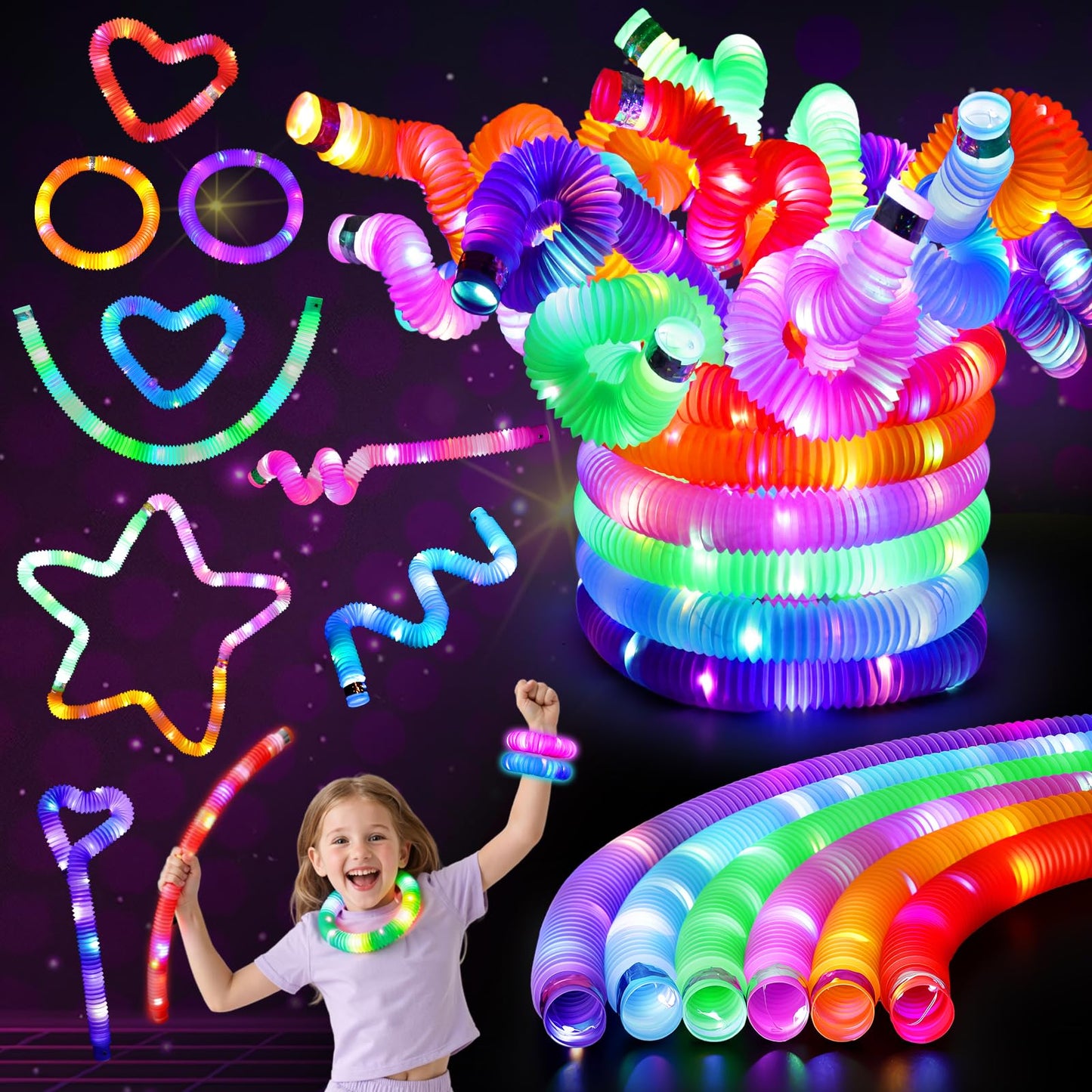 LovesTown 24PCS Light Up Glow Sticks Pop Tubes for Party Favor, Glow in the Dark Party Favor Supplies for Kids Supplies, Light Up Necklace Bracelet Accessories for Boys Girls Birthday